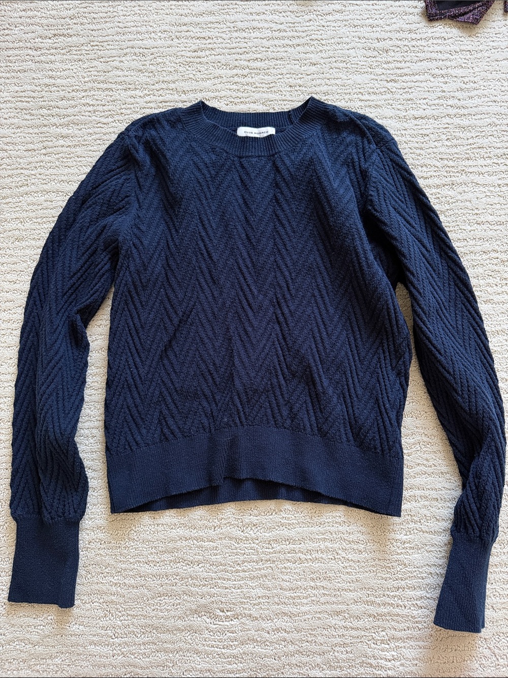 Club Monaco Navy Chevron Cable Crewneck Sweater